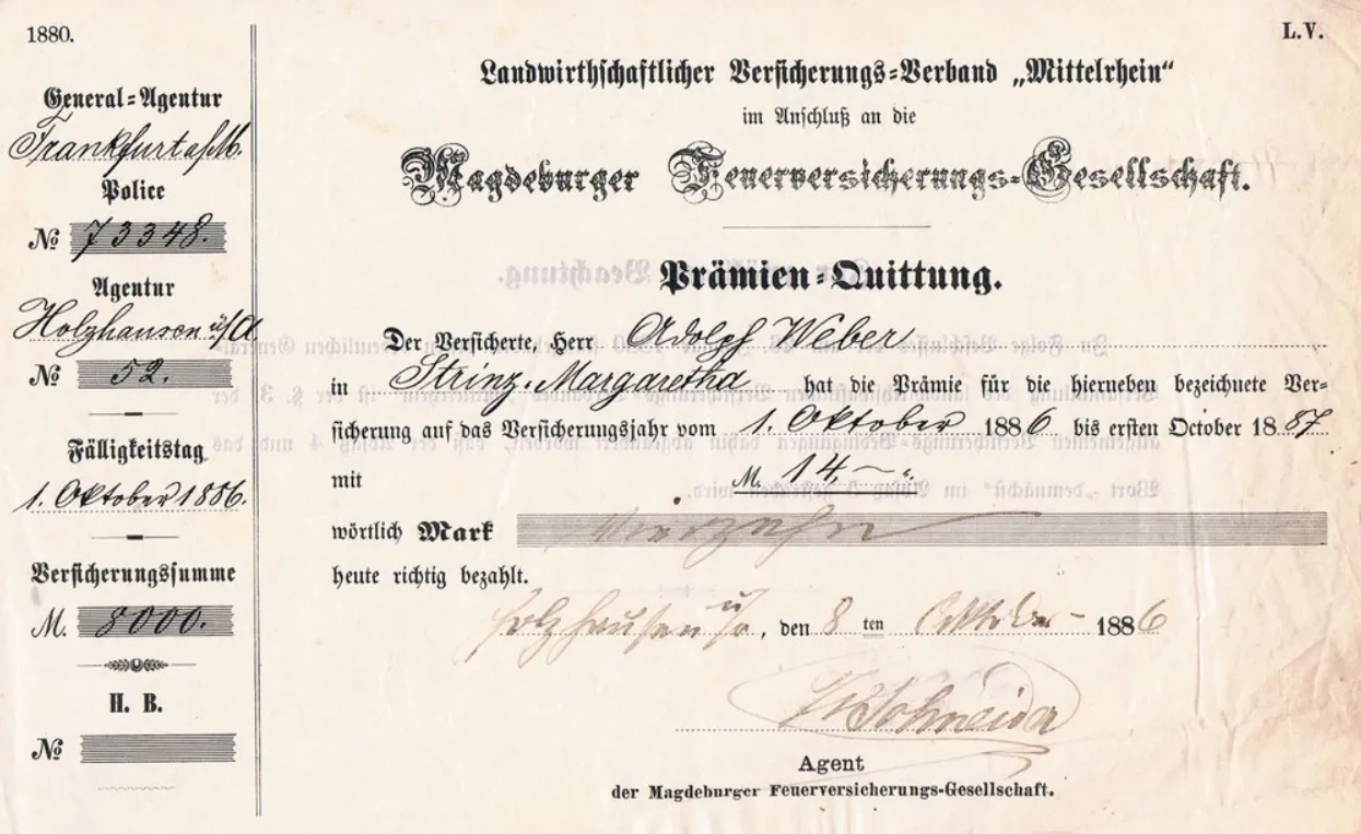 Prämienquittung Feuerversicherung von 1886